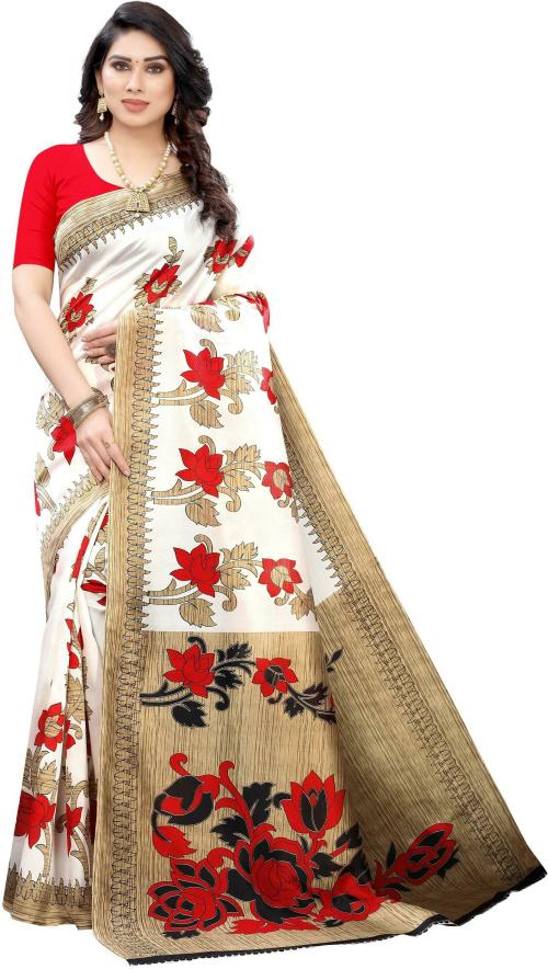 IRIS Women White, Red Printed Cotton Silk Saree With Blouse