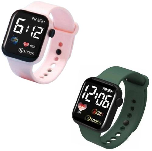 Hala Globe Combo Pink & Mehndi Square Dial LED Digital smart Watches for Boys & Girls LED Lights Kids Children Pack of 2