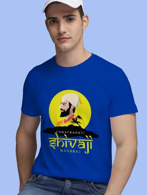 BLISSINK Chhatrapati Shivaji Maharaj Akhand Bharat Printed Blue Cotton Tshirt for Men