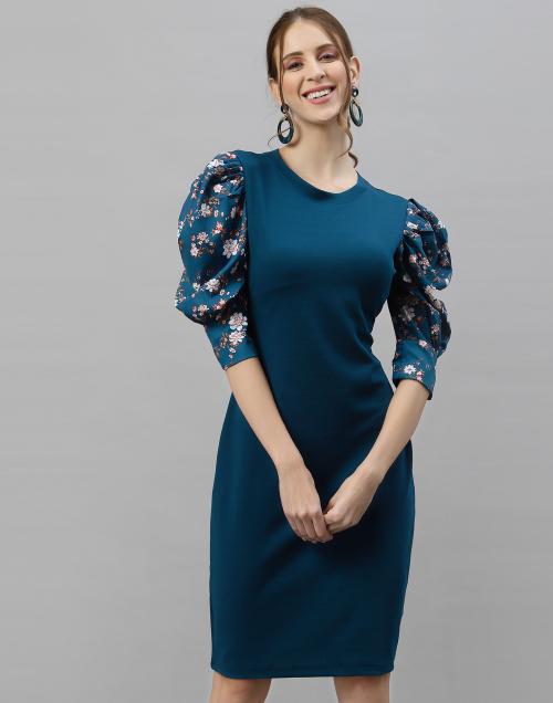 Selvia Women Peacock Blue Solid, Tie and Dye, Embellished, Self Design Lycra Blend Bodycon Dress