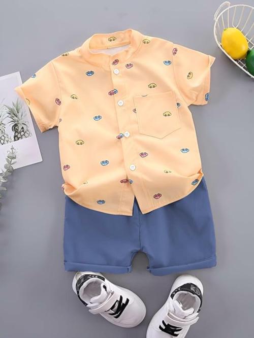 VANI COUTURE Shirt Short Set For Boy || Clothing Set For Little Boys || Boys Western Outfit || Fancy Cloth Set || Cotton Base Clothing Set || Printed Shirt Short Set || Summer Cloth For Baby Boys || Outfit For 1 To 5 Year(Orange & Blue 18 To 24 Month)