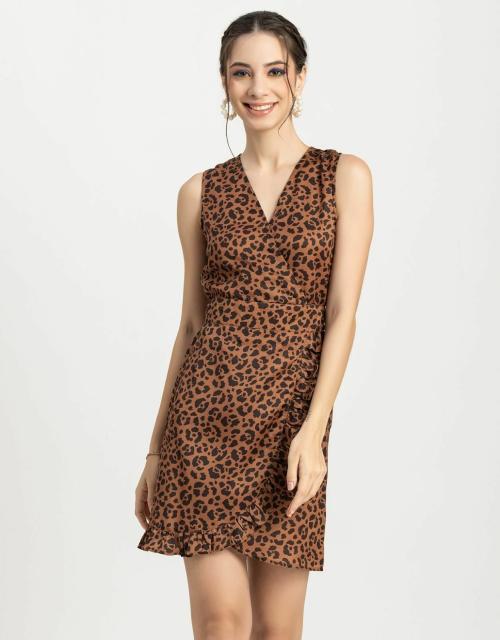 Moomaya Women's Printed Wrap Mini Dress, Sleeveless V-Neck Short Dress