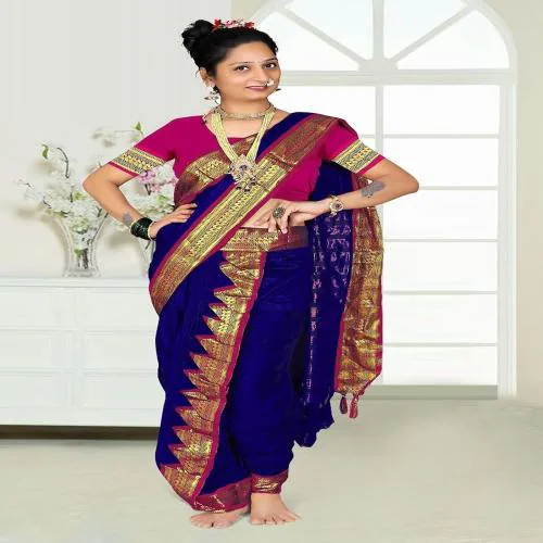 TREFLIN Women's Cotton Soft Silk Nauvari Saree Marathi Maharastrian Full Stitched Saree With Contrast Blouse Piece (Blue)