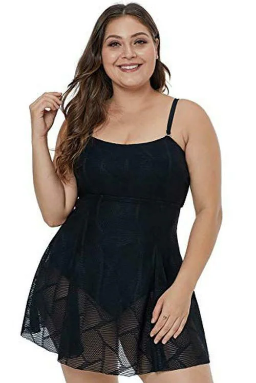 Plus Curvves Plus Size Geometric Pattern Sheer Mesh Swimwear Dress with Panty - 5XL Black