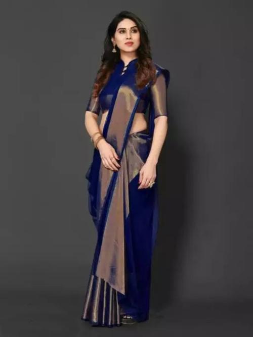 Vragi's Traditional Plain Chiffon Saree With Golden Zari Border