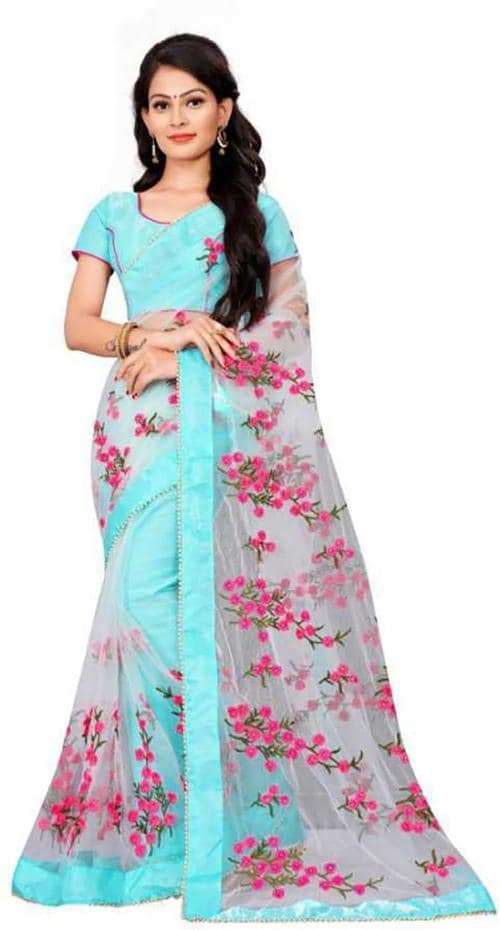 VM TEJANI Women Light Blue Embroidered Net Bollywood Saree