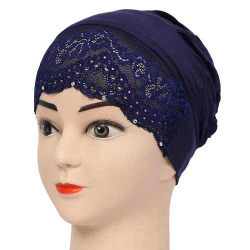MONATI Women Under Scarf Lace Tie Back Bonnet Hijab Cap |Under hijab Cap Blue | Free Size