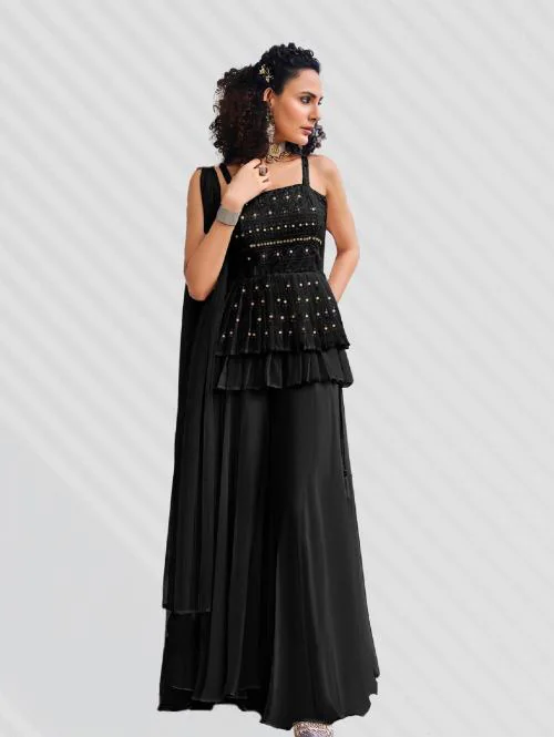 SANCIA Women Georgette Kurta Palazzo Set For Women & Girls | Ethnic Wear For Women | Indian Dress For Women | Kurta Set With Dupatta | Floral Embroidered Kurta (Black) (S)