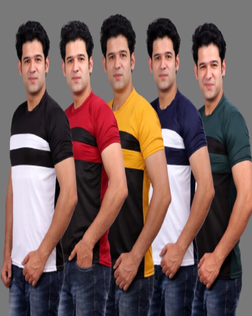 PR Men Solid Round Neck Polyester Multicolor T-Shirt PACK OF 5