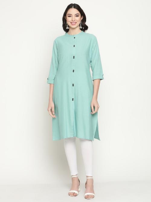 Queenley Women's Sky Blue Cotton Straight Knee Length Kurti