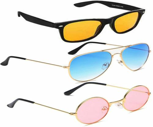 Elligator UV Protection Round, Aviator And Wayfarer Full Frame Pink, Blue And Yellow Sunglasses For Men And Women (Pack Of 3)