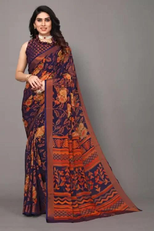 SkyTara Floral Print Bollywood Chiffon, Brasso Saree (Navy Blue)