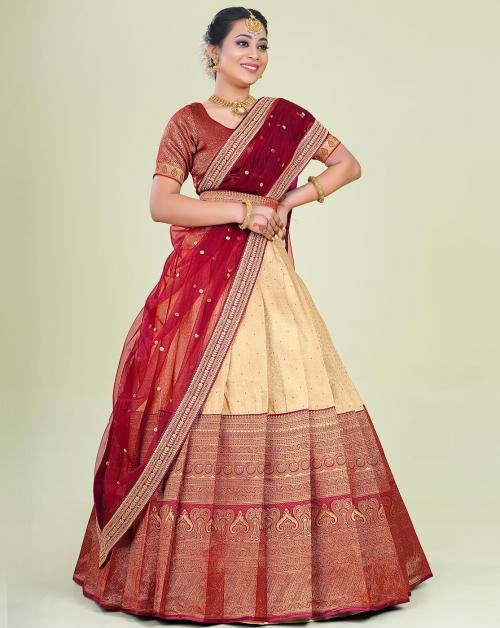 HALFSAREE STUDIO Maroon Pure Kanjivaram Silk Lehenga Choli