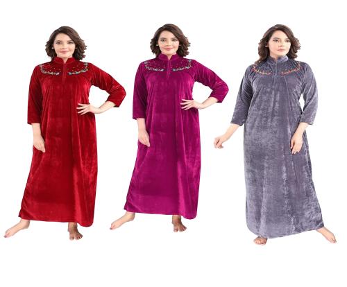Women's Full Length Solid Combo Velvet Nighty For Winter Wear Nightdress Sleepwear And Lounge Wear Nighty (Pack of 3) (Maroon, Wine, Grey)