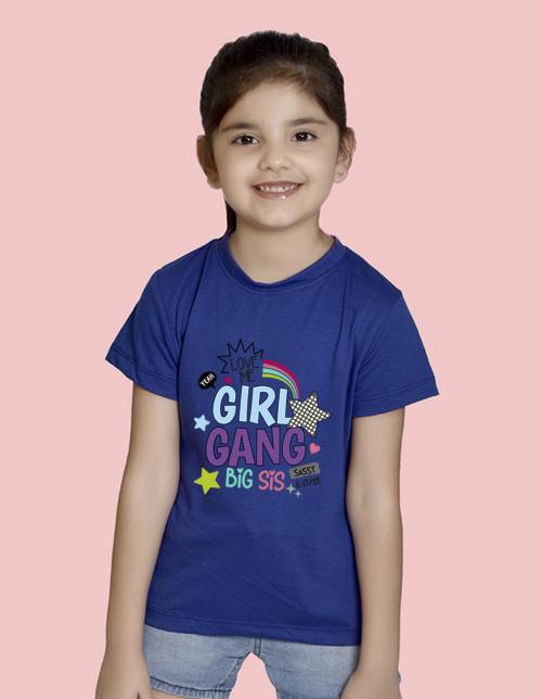 NUSYL Girls Half Sleeves Royal blue Girl gang printed T-shirt
