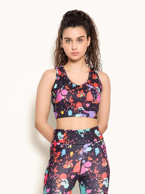 Clovia Black Geometric Print Polyester Sports Bra