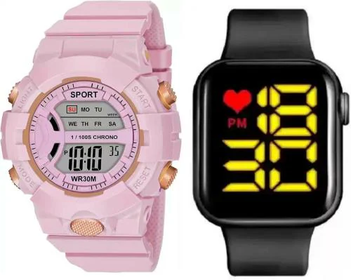 Blutech Digital Black Dial Pink Strap Watch For Boys, Girls (Pack Of 2)