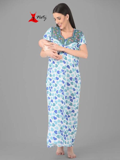 Noty Women's Feeding Nursing Maternity Nighty Knitted Hosiery Cotton Fabric Heart Print Embroidery with zip (Steel Blue, XL)