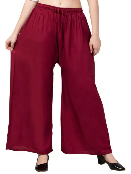 Aceola Loose Leg Casual Solid Color Womens Flowy Palazzo Pants Free Size Maroon
