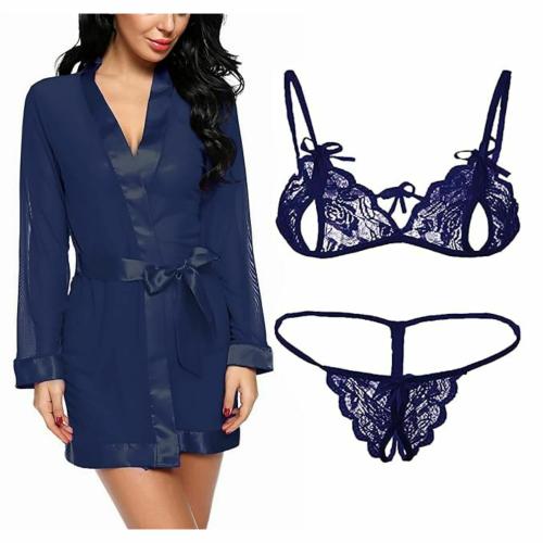 ICONIC DEEVA Women Nightwear Robe and Lace Bra Panty Set Lingerie Combo