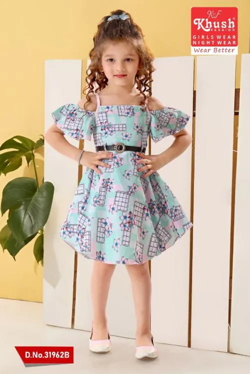 KF Khush Girl's Satin Floral Printed Frock Knee Length Short Frocks Dress
