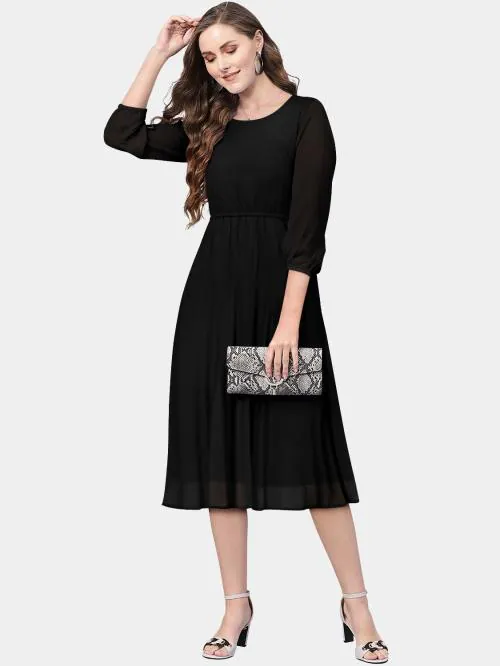 KERI PERRY Women's Black Georgette Solid Fit & Flared Western Dress