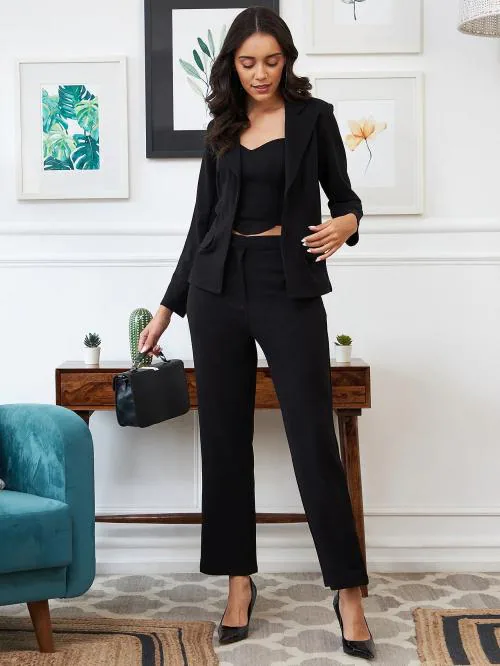 SIDYAL Women Black Lycra Top and Bottom Co-Ords Set - Stylish 3-Piece Blazer, Inner Top & High-Waisted Pants - (Size - XL)