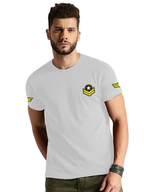 Lazychunks Men White Printed Cotton Patch Round Neck T-Shirts