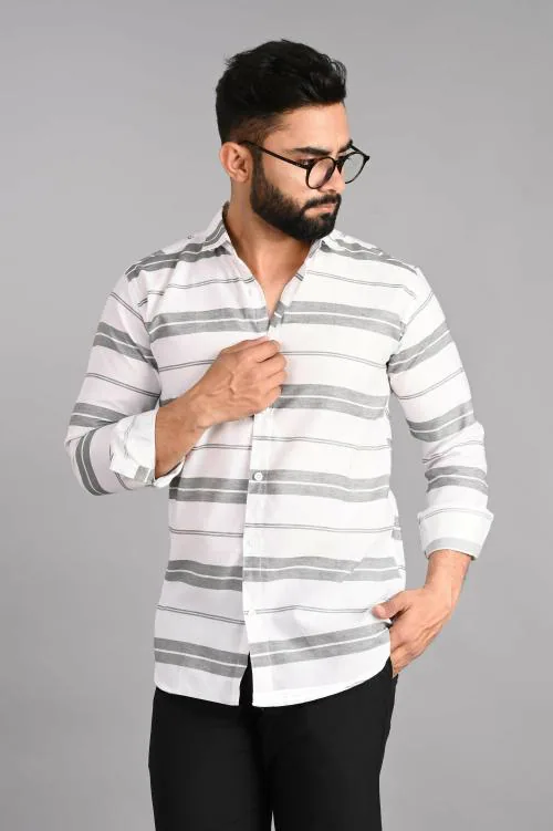 FUBAR Men White Striped Cotton Blend Shirt, Large