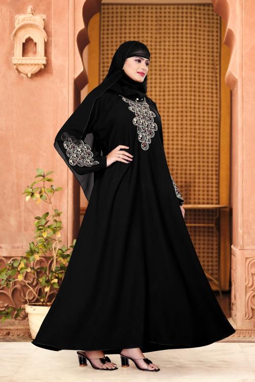 BHUMIFAB latest style EMBROIDERED UMBRELLA Crepe Solid Burqa With Hijab (Golden-Black)