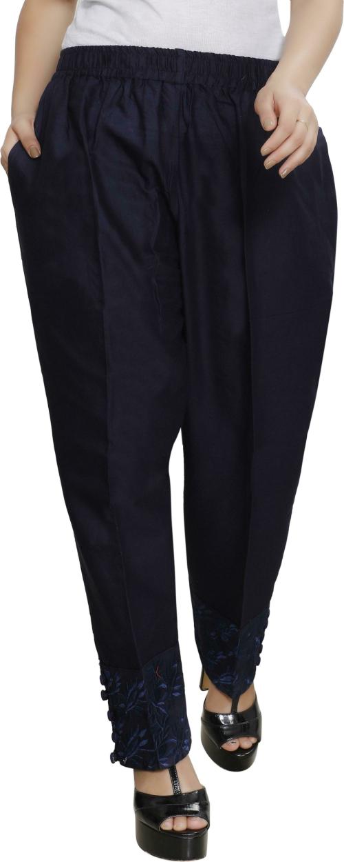 Ramp Bottoms Women Dark Blue Embroidered Cotton Blend Palazzo (L)