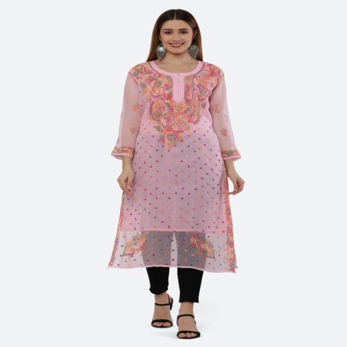FAWOMENT WOMEN'S LUCKNOWI CHIKANKARI KURTI WITH FASCINATING MULTI COLOR BLEND EMBROIDERY COLOR:PINK / SIZE: XL