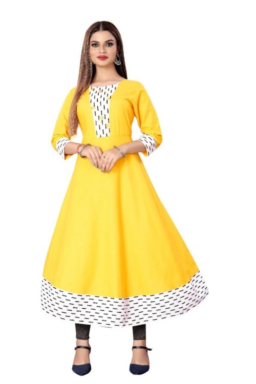 LAKADIYA TUNIC Women Self Design Cotton Blend Anarkali Kurta (Yellow, White, Black) M