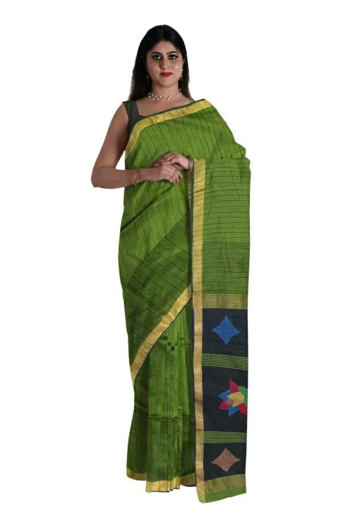 Shrimati Boutique Handloom Green Linen saree with black stripe all over with Black Pallu