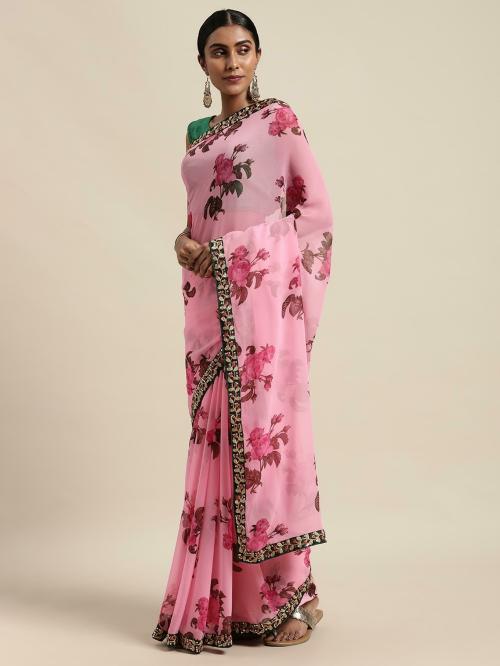 VASTRANAND Women Pink Poly Georgette Printed Saree