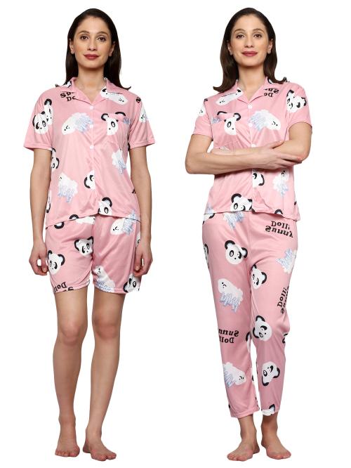 AUREA Half Sleeves Printed Buttoned Shirt, Pyjama & Shorts Night Suit 3pcs Set for Girls & Women
