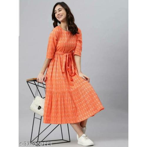CLOTERI Stylish Kurtis Floral Printed Anarkali Style Ankle Length Gown Kurti with Dori Having Tassels-Orange-Size-XL