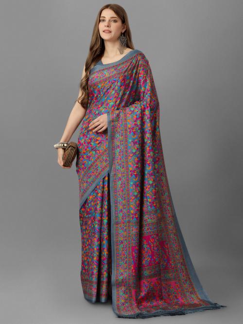 BHAKARWADi Grey Silk Blend Floral Print Tasseled Saree with Blouse Piece_( GOR_RUC-583_GREY )