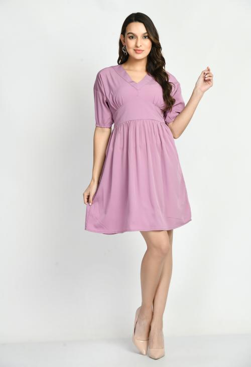 Elanmate Women Polyester Pink Color Solid & Plain Smocky Waist Fit And Flare Dress