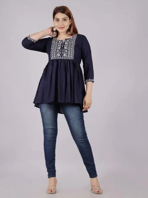 JITENDRA FAB Women's Rayon Embroidered Short Kurta Top (Blue-XL)