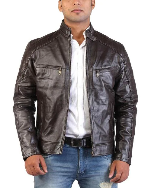 Body Guard Genuine & Pure Leather Jacket | Mens Solid Biker Jacket | Full Sleeve Solid Jacket for Men's Biker Style | 2 Inside & 4 Outside Pockets with Zipped Sleeve