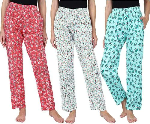 sonia collection Women's Multicolor Solid Cotton Pack of 3 Pyjamas (M)