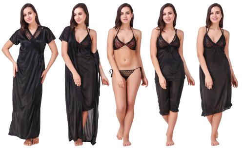 Keoti Women Satin Nighty/Robe/Honeymoon wear /Bra-Panty Set - Pack of 6 (1 Robe, 1 Top, 1 Capri, 1 Nighty,1 Bra & 1 Panty)