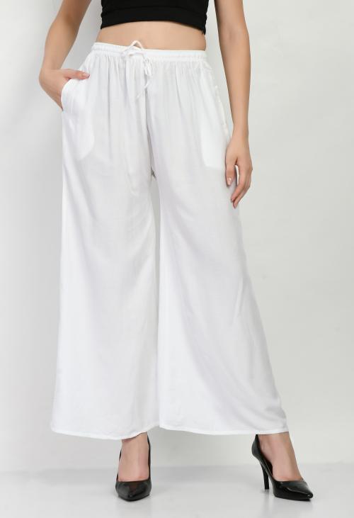 MAURYA Women's White Color Solid Elasticated Regular Palazzo Pants - Designer Plazo For Women (XL)
