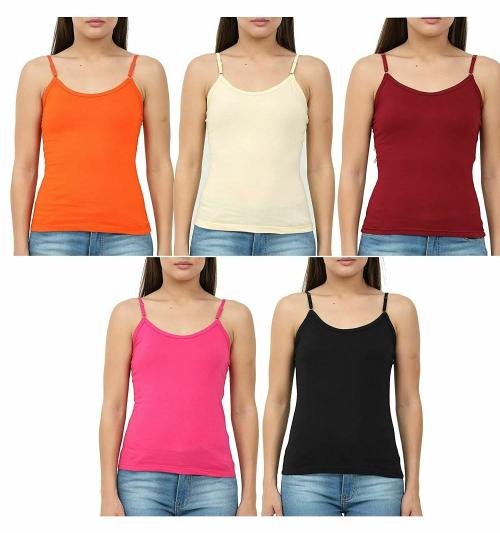 PIP N PAP Multicolor Cotton Non Paded Slip Camisole (Pack of 5)