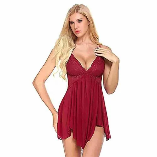 ZXS STYLE Women Maroon Solid Net Solid Midi Babydoll Nightwear