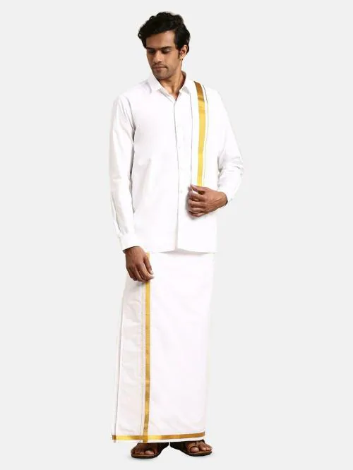 Ramraj Men Long Sleeves Solid Pure Cotton Shirt & Dhoti With Towel And Belt.