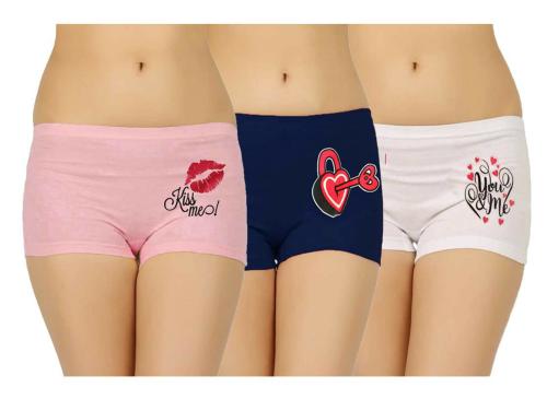 Jocker Women White, Pink, Blue All Over Print Cotton Pack Of 6 Boy Shorts Panties (M)