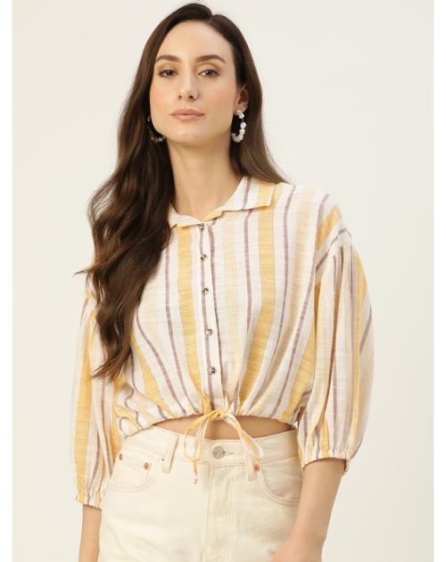 Rue Collection Women's White & Yellow Striped Shirt Style Top