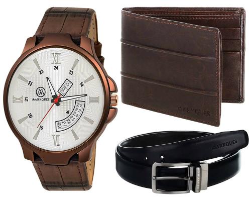 Markques Analog Silver Dial Brown Strap 3 In 1 Festival Gift Set Combo - Day And Date Watch With Leather Wallet And Belt For Men And Boys